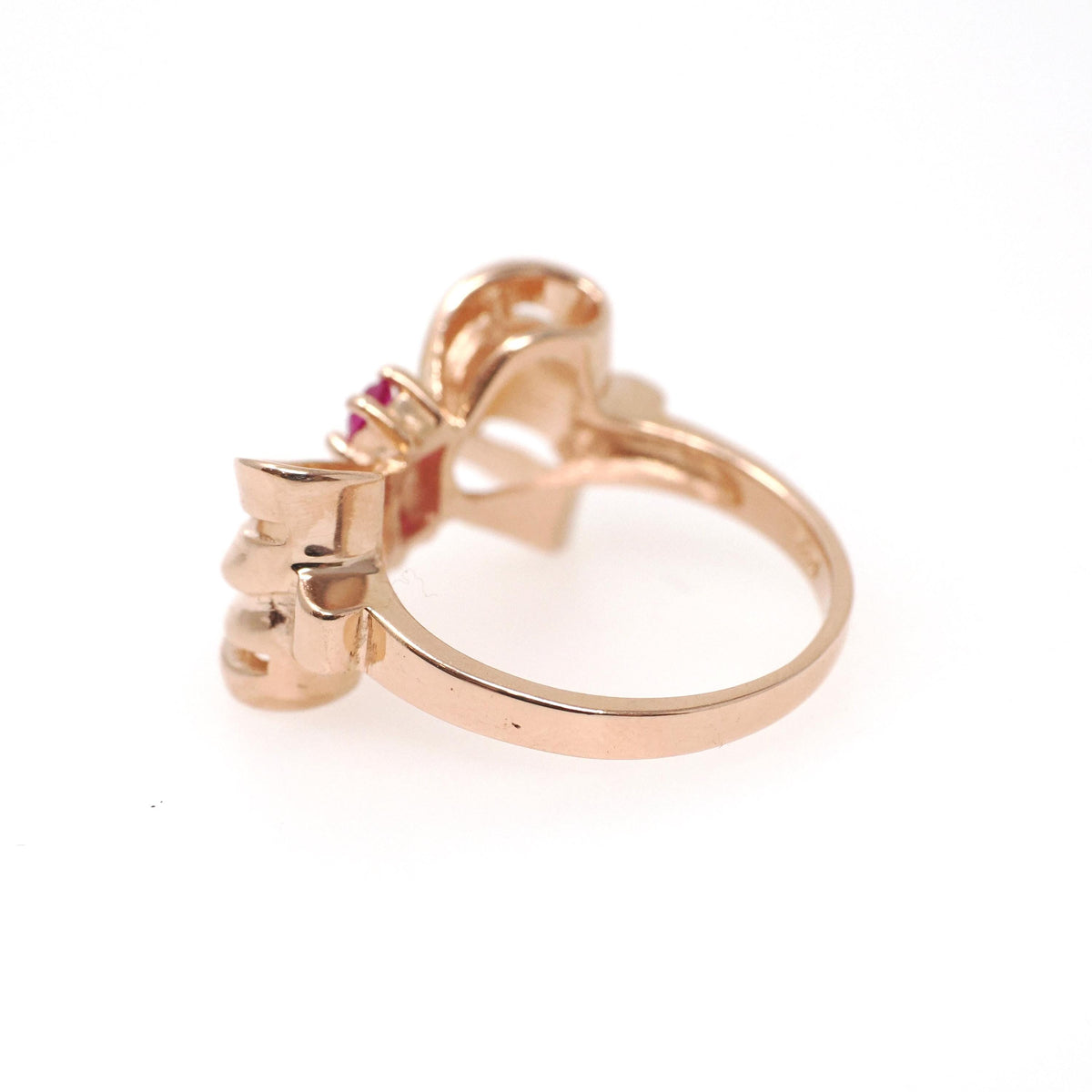Vintage Bow Ring - Retro Era 14k Rose Gold Created Red Ruby Gemstone Trio - Circa 1940s Era Size 6 Ribbon July Birthstone Fine Jewelry