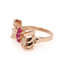Vintage Bow Ring - Retro Era 14k Rose Gold Created Red Ruby Gemstone Trio - Circa 1940s Era Size 6 Ribbon July Birthstone Fine Jewelry