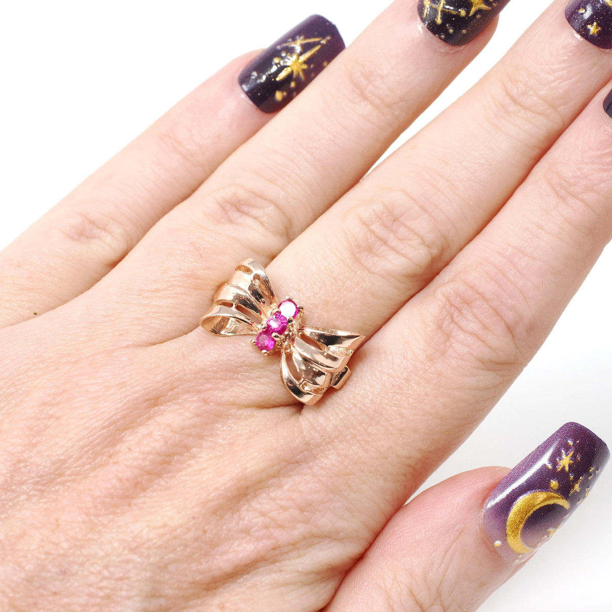 Vintage Bow Ring - Retro Era 14k Rose Gold Created Red Ruby Gemstone Trio - Circa 1940s Era Size 6 Ribbon July Birthstone Fine Jewelry
