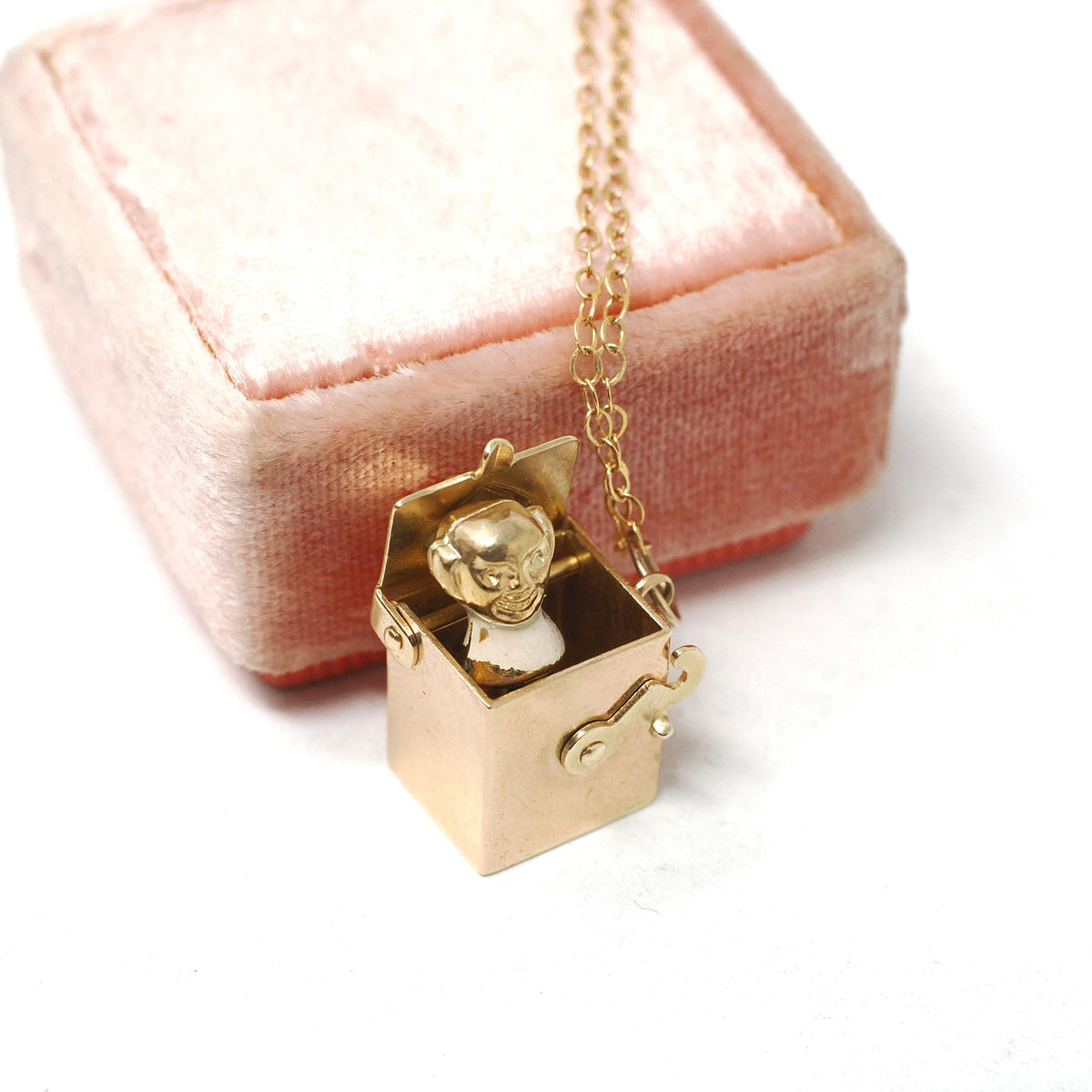 Jack-in-the-Box Charm - Mid Century 14k Yellow Gold Spring Pendant Toy Clown Charm Necklace - Circa 1950s Era Kinetic Fine Jewelry