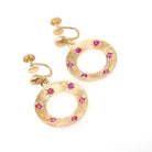 Screwback Ruby Earrings - Modernist 14k Yellow Gold .84 TW Natural Gems Open Circle Dangle Drops - Circa 1970s July Birthstone Fine Jewelry