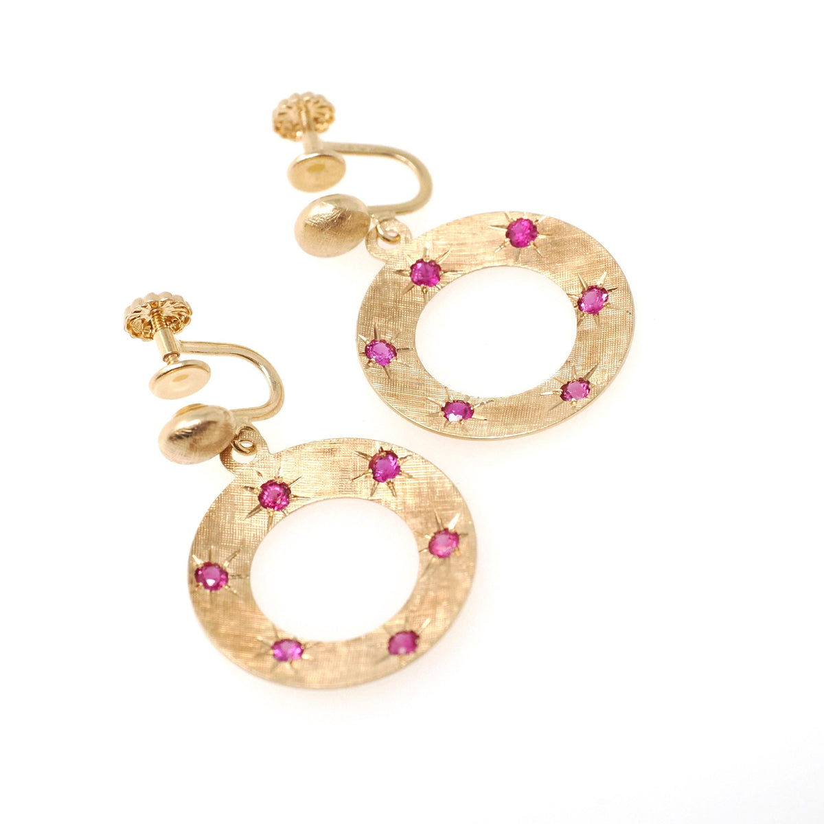 Screwback Ruby Earrings - Modernist 14k Yellow Gold .84 TW Natural Gems Open Circle Dangle Drops - Circa 1970s July Birthstone Fine Jewelry