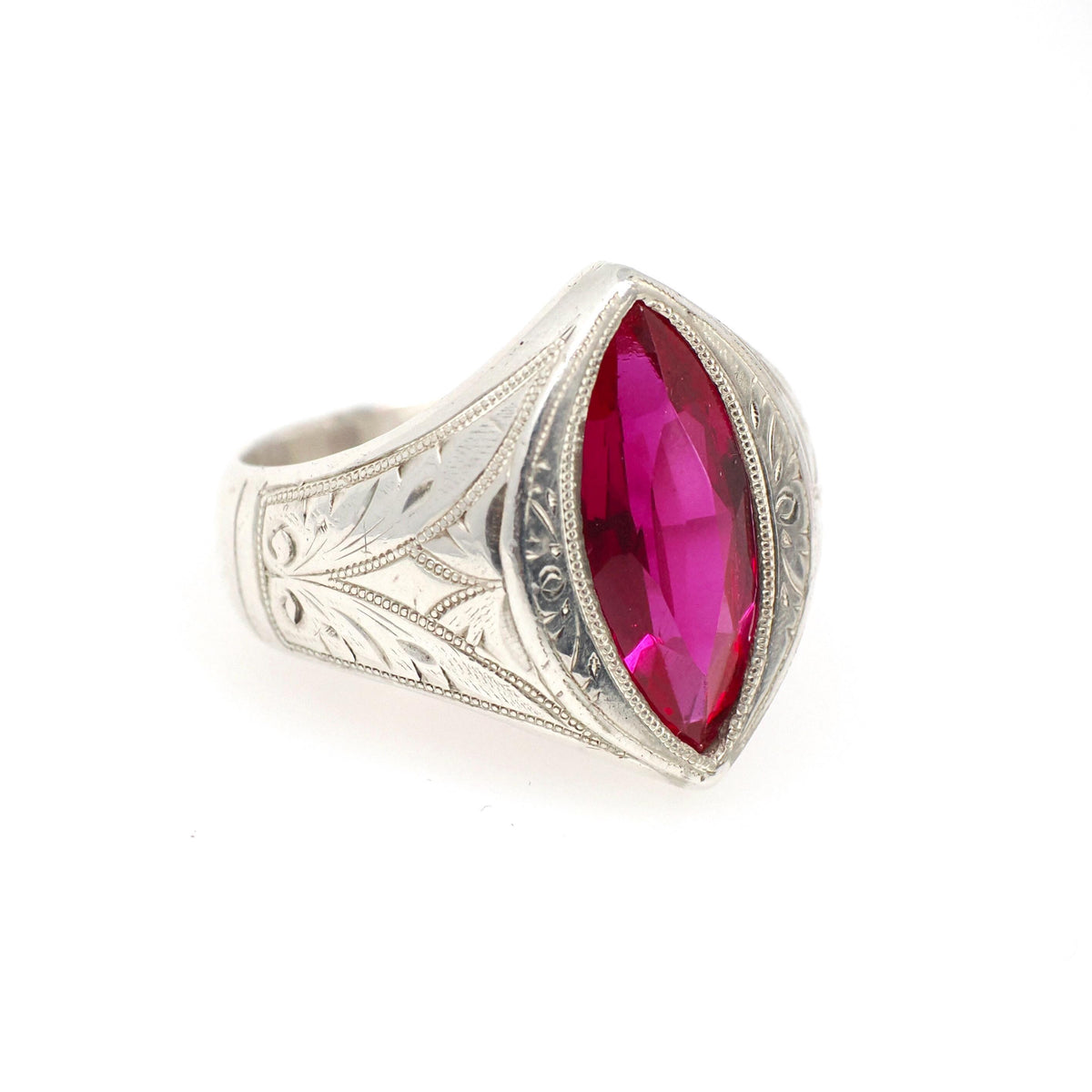 Created Ruby Ring - Vintage Art Deco Silver Marquise Cut 4.00 CT Statement Navetted Shield - Circa 1930s Size 11 1/2 July Birthstone Jewelry