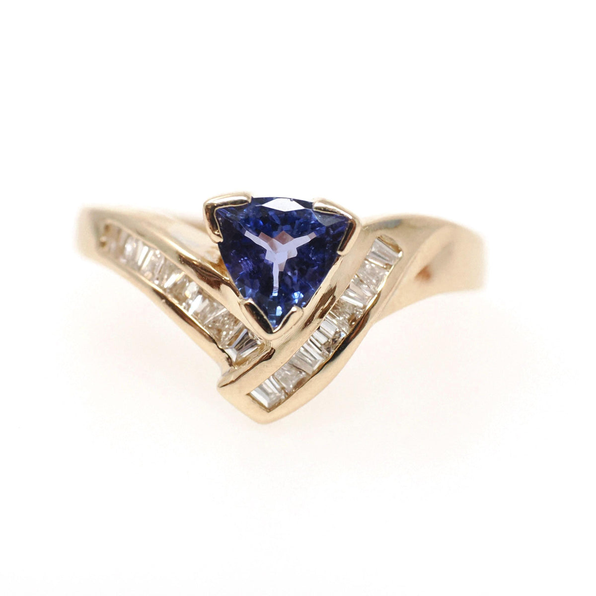Tanzanite & Diamond Ring - Contemporary 14k Yellow Gold Triangular Mixed Cut .81 CT Gem - Estate 1990s Size 7 1/4 Baguette Fine Jewelry