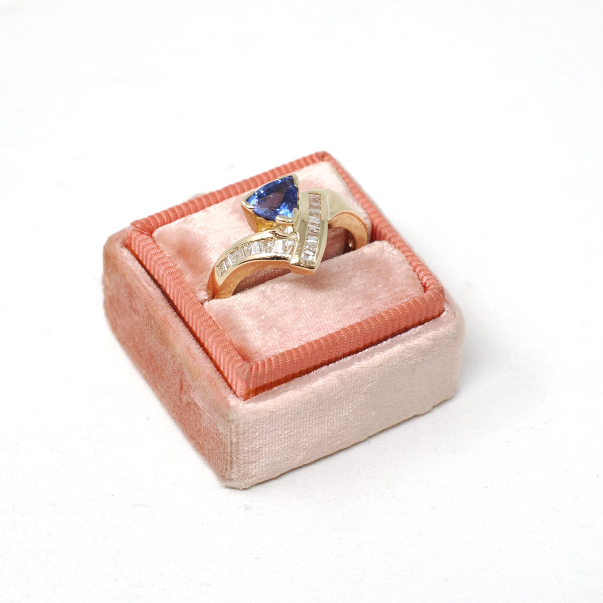 Tanzanite & Diamond Ring - Contemporary 14k Yellow Gold Triangular Mixed Cut .81 CT Gem - Estate 1990s Size 7 1/4 Baguette Fine Jewelry