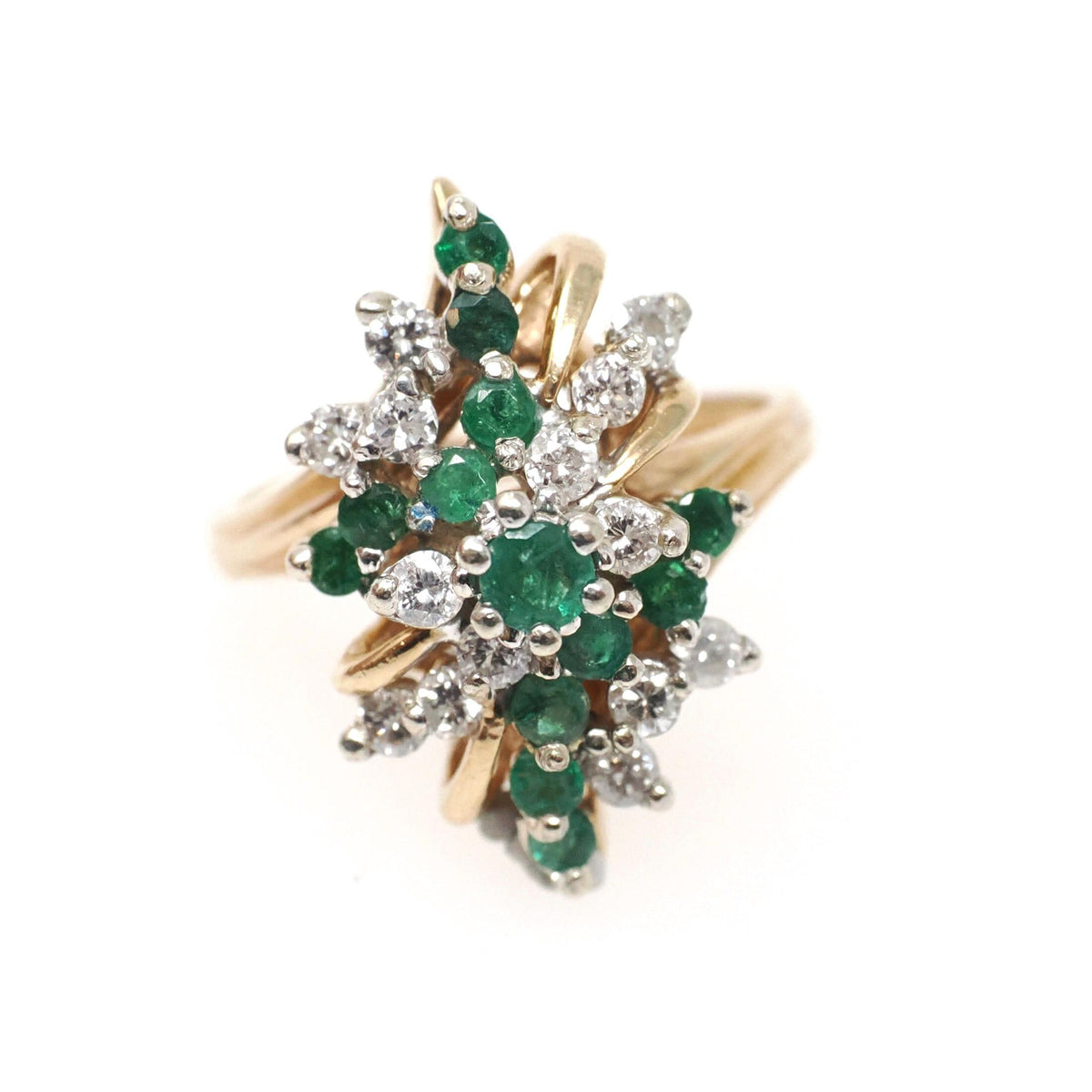 Emerald & Diamond Ring - Vintage 14k Yellow And White Gold Bypass Navette Shield - Bold Gold 1980s Era Size 5.25 May Birthstone Fine Jewelry