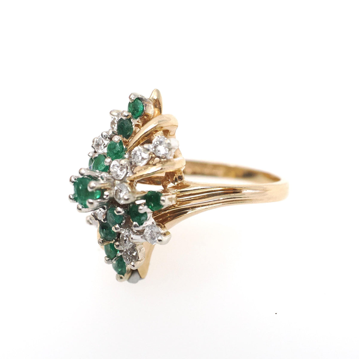 Emerald & Diamond Ring - Vintage 14k Yellow And White Gold Bypass Navette Shield - Bold Gold 1980s Era Size 5.25 May Birthstone Fine Jewelry