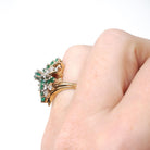 Emerald & Diamond Ring - Vintage 14k Yellow And White Gold Bypass Navette Shield - Bold Gold 1980s Era Size 5.25 May Birthstone Fine Jewelry