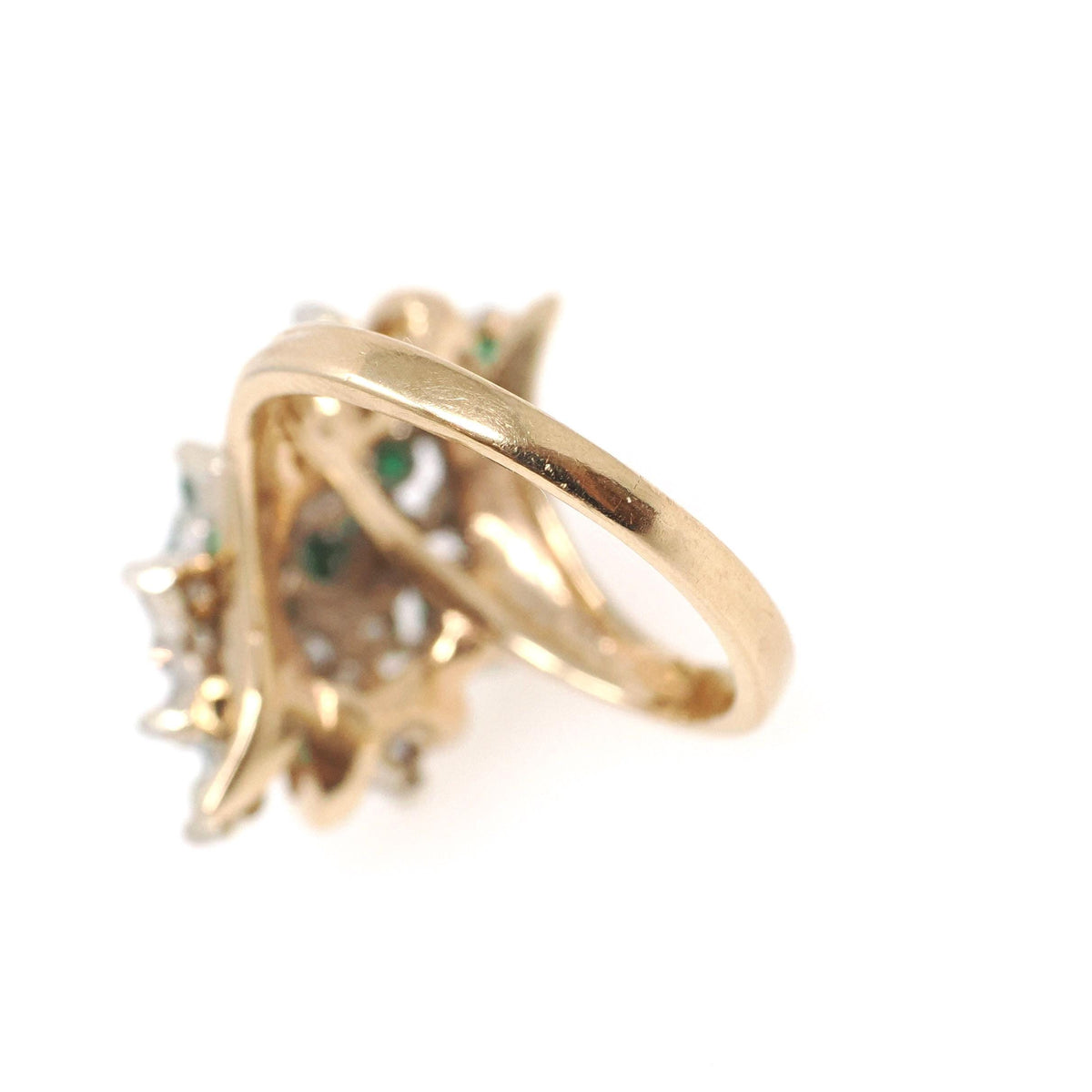 Emerald & Diamond Ring - Vintage 14k Yellow And White Gold Bypass Navette Shield - Bold Gold 1980s Era Size 5.25 May Birthstone Fine Jewelry