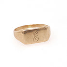 Letter "E" Ring - Retro 10k Yellow Gold Monogrammed Engraved Script Initial Signet - Circa 1940s Era Size 6 Personal Fine Pinky Midi Jewelry
