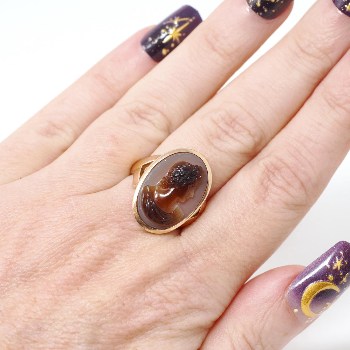 Antique Cameo Ring - Victorian 14k Rosy Yellow Gold Carved Brown Sardonyx Gem - Circa 1890s Era Size 6 1/4 Feminine Profile Fine Jewelry