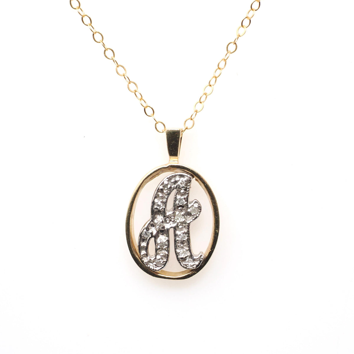 Letter "A" Necklace - Estate 14k Yellow & White Gold Initial Natural Diamonds - Contemporary Circa 2000s Personal Name Script Fine Jewelry
