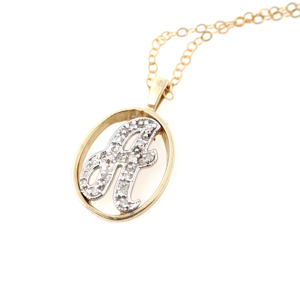 Letter "A" Necklace - Estate 14k Yellow & White Gold Initial Natural Diamonds - Contemporary Circa 2000s Personal Name Script Fine Jewelry