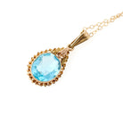 Simulated Aquamarine Necklace - Retro 10k Yellow Gold Oval Faceted Blue Glass Stone Pendant - Vintage Circa 1940s Era Fine Statement Jewelry