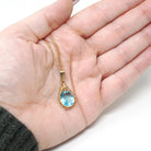 Simulated Aquamarine Necklace - Retro 10k Yellow Gold Oval Faceted Blue Glass Stone Pendant - Vintage Circa 1940s Era Fine Statement Jewelry