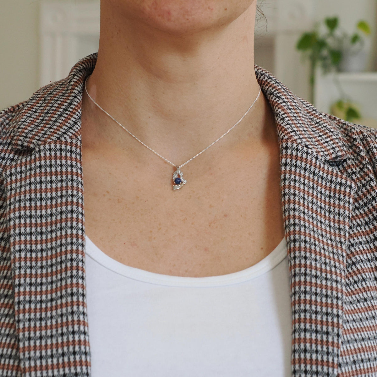 Created Star Sapphire Necklace - Modernist 14k White Gold Natural .01 CT Diamond Gem - Vintage Circa 1970s Era Pendant Charm Fine Jewelry