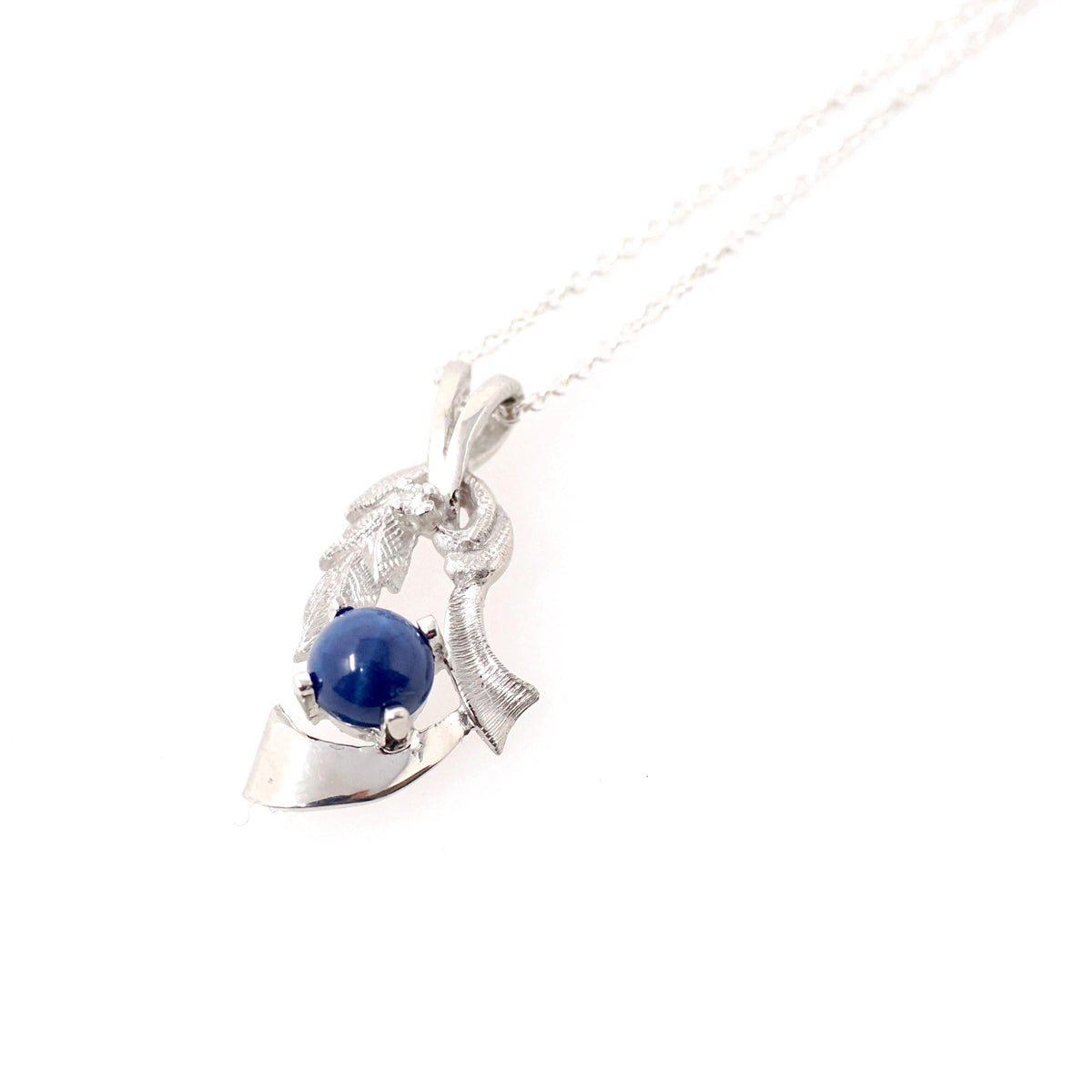 Created Star Sapphire Necklace - Modernist 14k White Gold Natural .01 CT Diamond Gem - Vintage Circa 1970s Era Pendant Charm Fine Jewelry