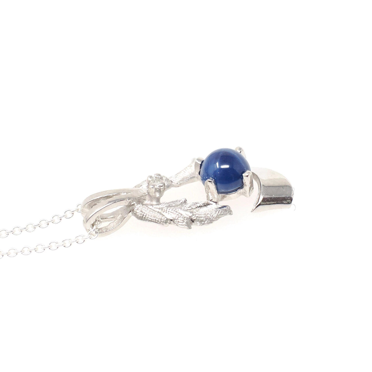 Created Star Sapphire Necklace - Modernist 14k White Gold Natural .01 CT Diamond Gem - Vintage Circa 1970s Era Pendant Charm Fine Jewelry
