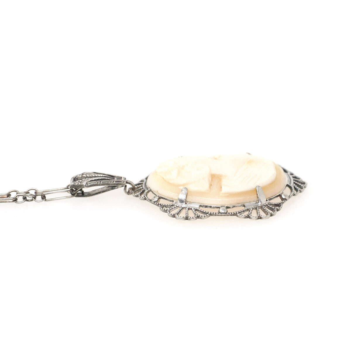 Art Deco Pendant - Vintage Sterling Silver Carved Shell Cameo Flower Necklace - Circa 1930s Era Filigree Statement Flapper 30s Jewelry