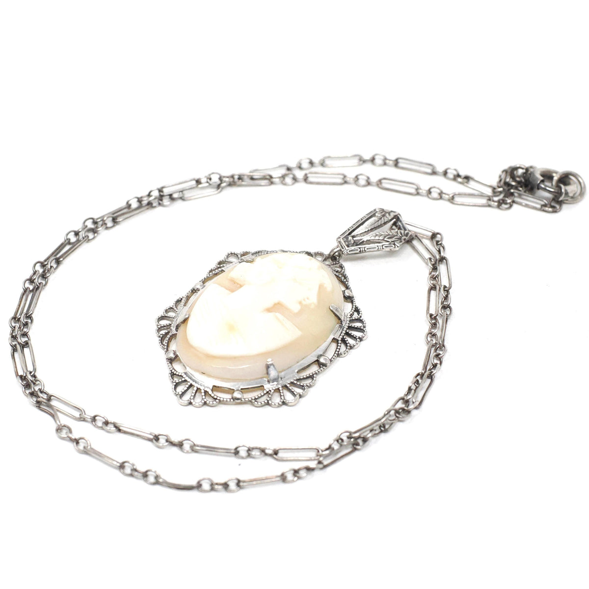 Art Deco Pendant - Vintage Sterling Silver Carved Shell Cameo Flower Necklace - Circa 1930s Era Filigree Statement Flapper 30s Jewelry
