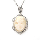 Art Deco Pendant - Vintage Sterling Silver Carved Shell Cameo Flower Necklace - Circa 1930s Era Filigree Statement Flapper 30s Jewelry
