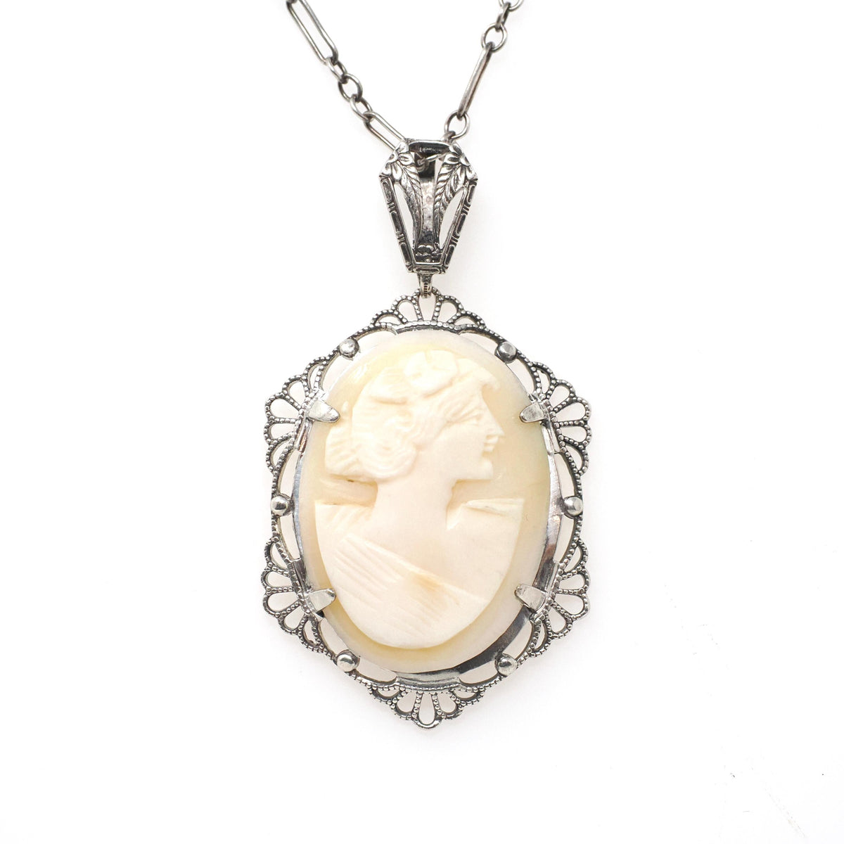 Art Deco Pendant - Vintage Sterling Silver Carved Shell Cameo Flower Necklace - Circa 1930s Era Filigree Statement Flapper 30s Jewelry