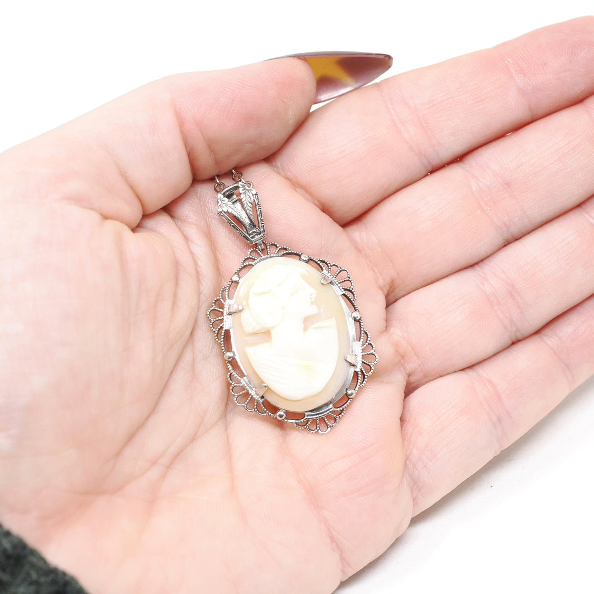 Art Deco Pendant - Vintage Sterling Silver Carved Shell Cameo Flower Necklace - Circa 1930s Era Filigree Statement Flapper 30s Jewelry