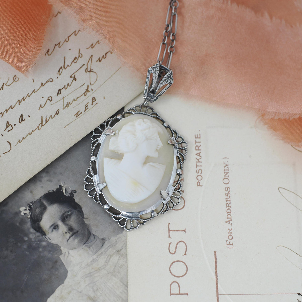 Art Deco Pendant - Vintage Sterling Silver Carved Shell Cameo Flower Necklace - Circa 1930s Era Filigree Statement Flapper 30s Jewelry
