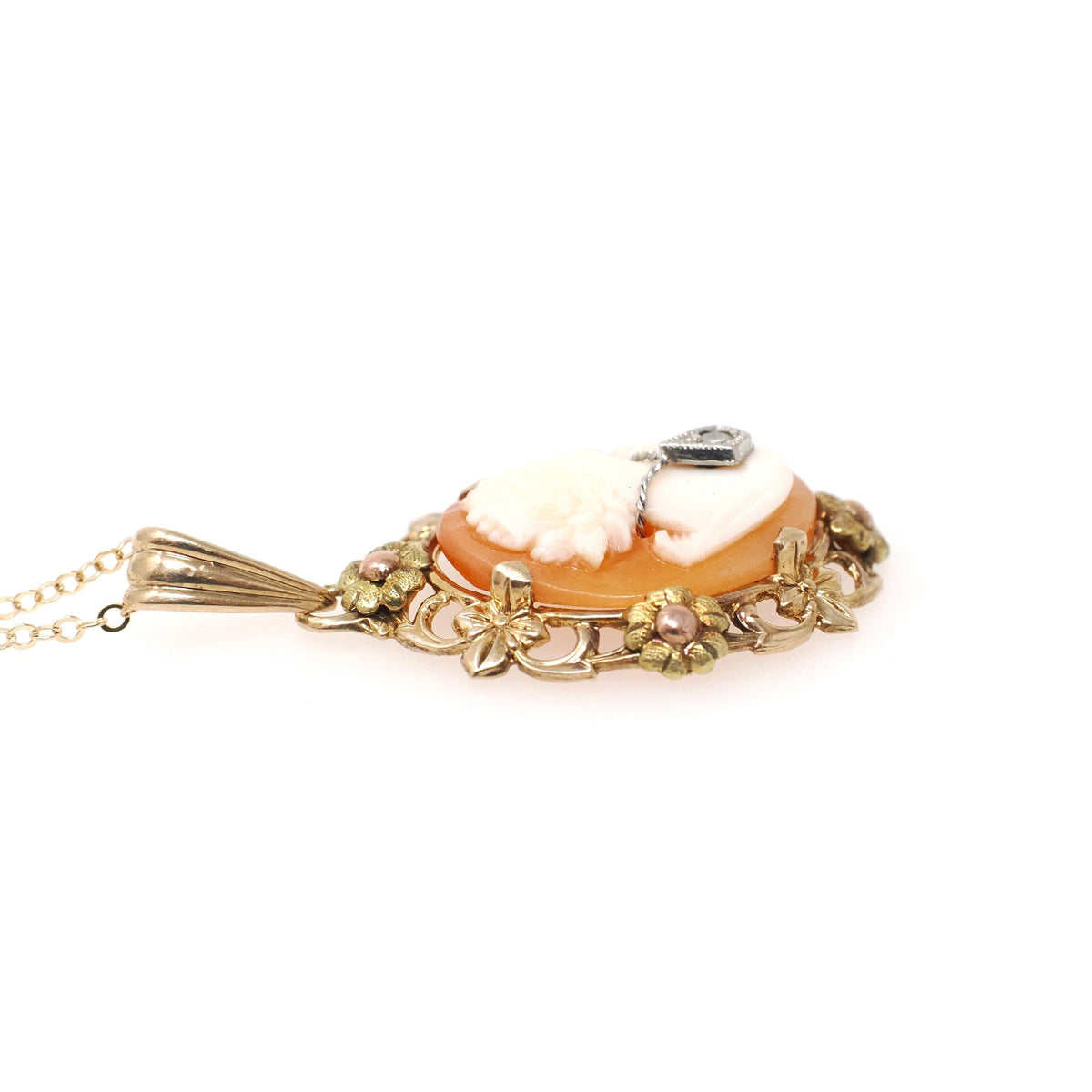 Vintage Cameo Necklace - Mid Century 10k Yellow Gold Oval Carved Shell Flower Pendant Charm - Circa 1940s Era Statement Fine 40s Jewelry