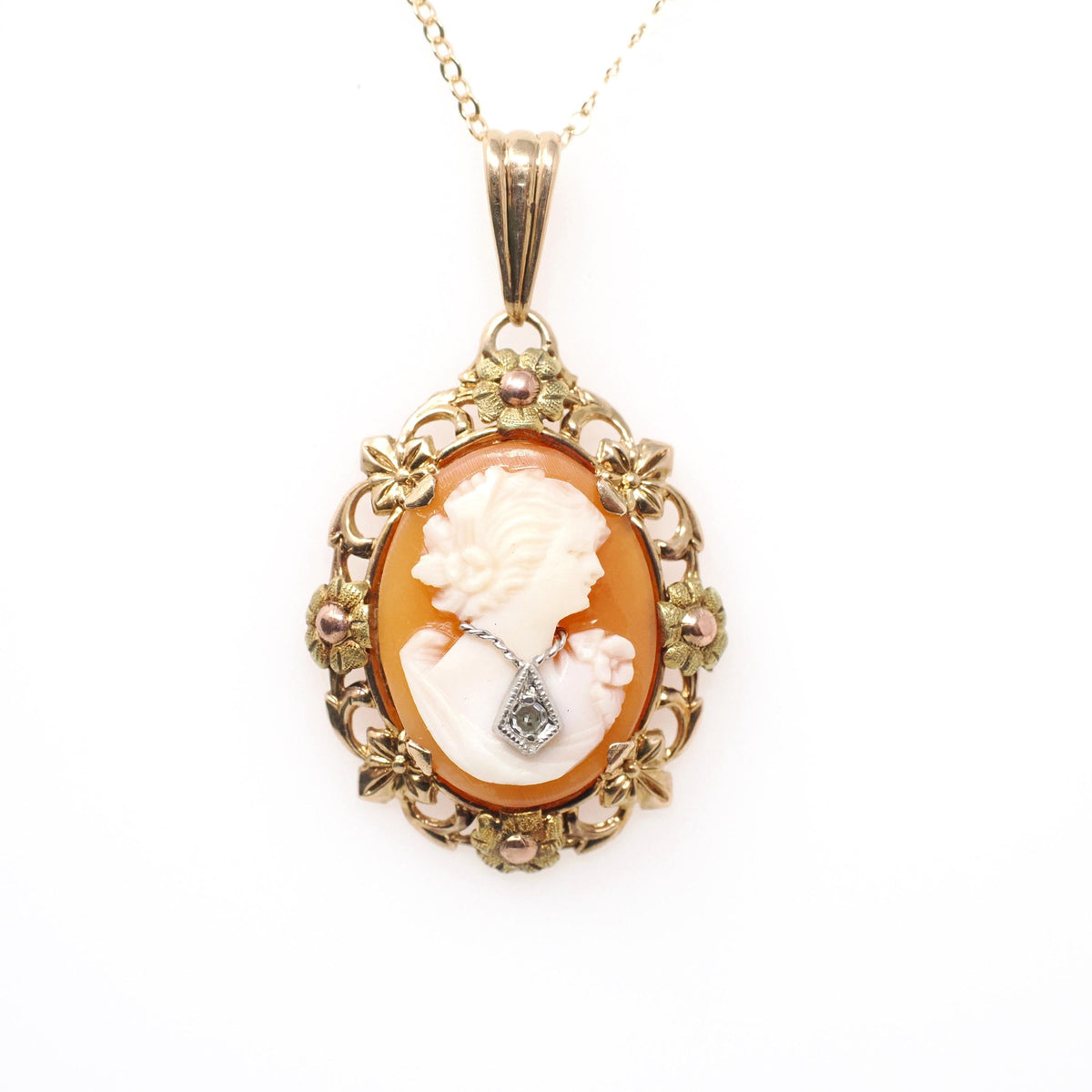 Vintage Cameo Necklace - Mid Century 10k Yellow Gold Oval Carved Shell Flower Pendant Charm - Circa 1940s Era Statement Fine 40s Jewelry