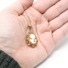 Vintage Cameo Necklace - Mid Century 10k Yellow Gold Oval Carved Shell Flower Pendant Charm - Circa 1940s Era Statement Fine 40s Jewelry