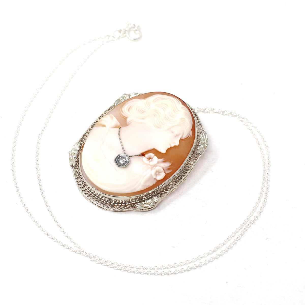 Vintage Cameo Necklace - Art Deco 14k White Gold Carved Shell Brooch Pendant - Circa 1930s Woman Flower Habillé Diamond Statement Jewelry