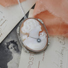 Vintage Cameo Necklace - Art Deco 14k White Gold Carved Shell Brooch Pendant - Circa 1930s Woman Flower Habillé Diamond Statement Jewelry