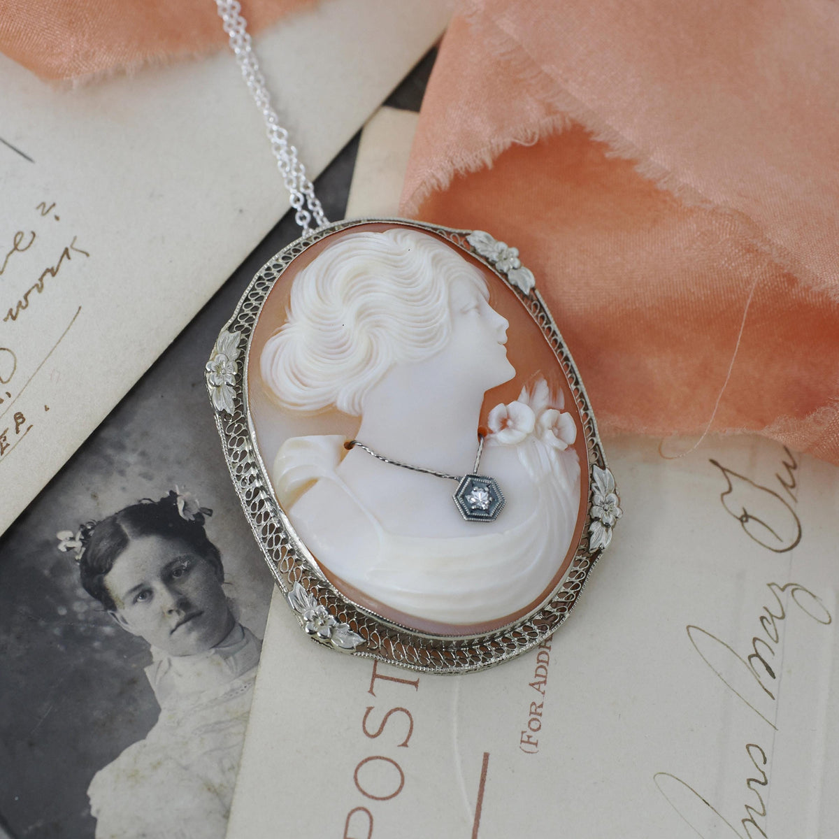 Vintage Cameo Necklace - Art Deco 14k White Gold Carved Shell Brooch Pendant - Circa 1930s Woman Flower Habillé Diamond Statement Jewelry
