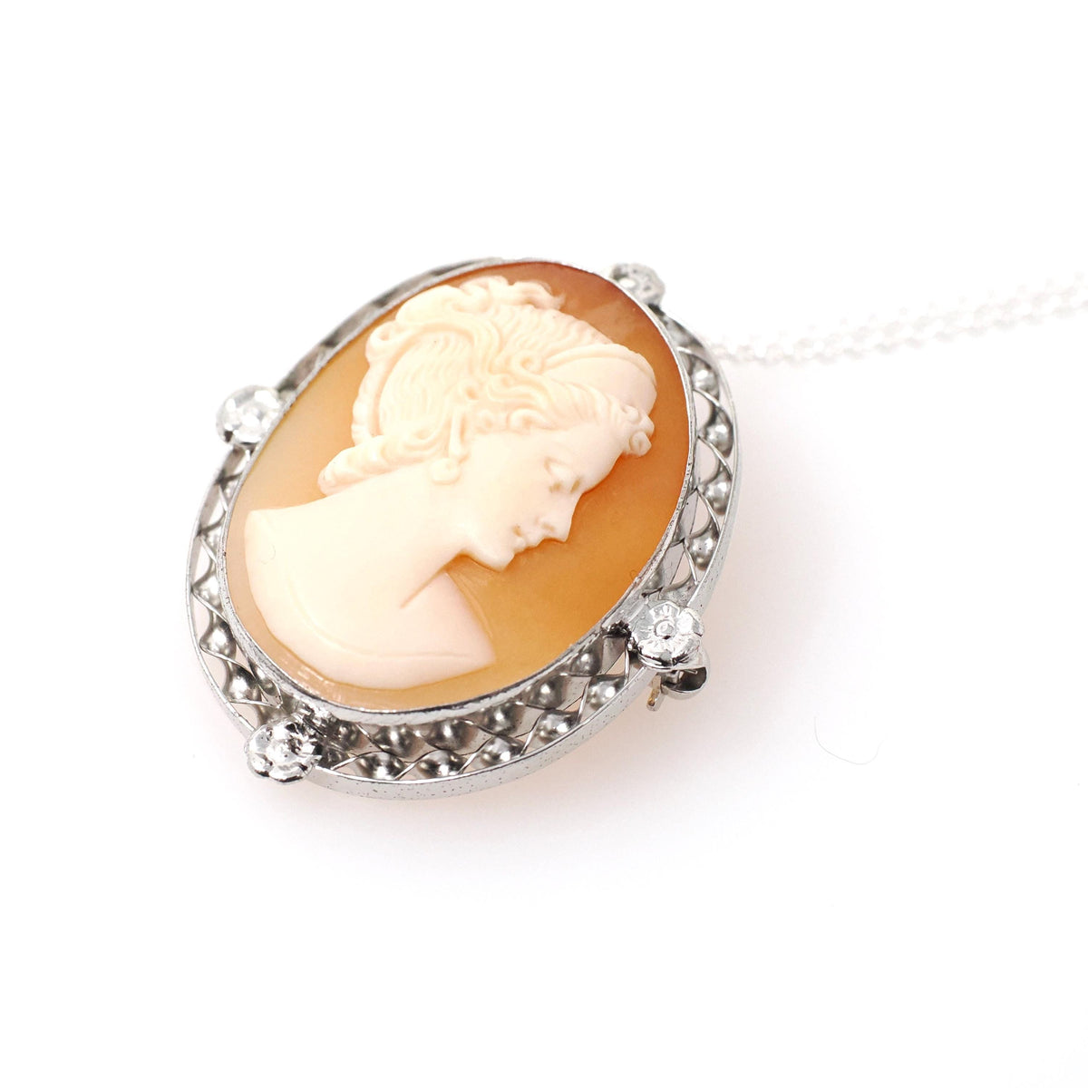 Cameo Brooch Necklace - Art Deco Sterling Silver Carved Shell Pendant Pin - Vintage Circa 1930s Era Statement Fashion Accessory 30s Jewelry