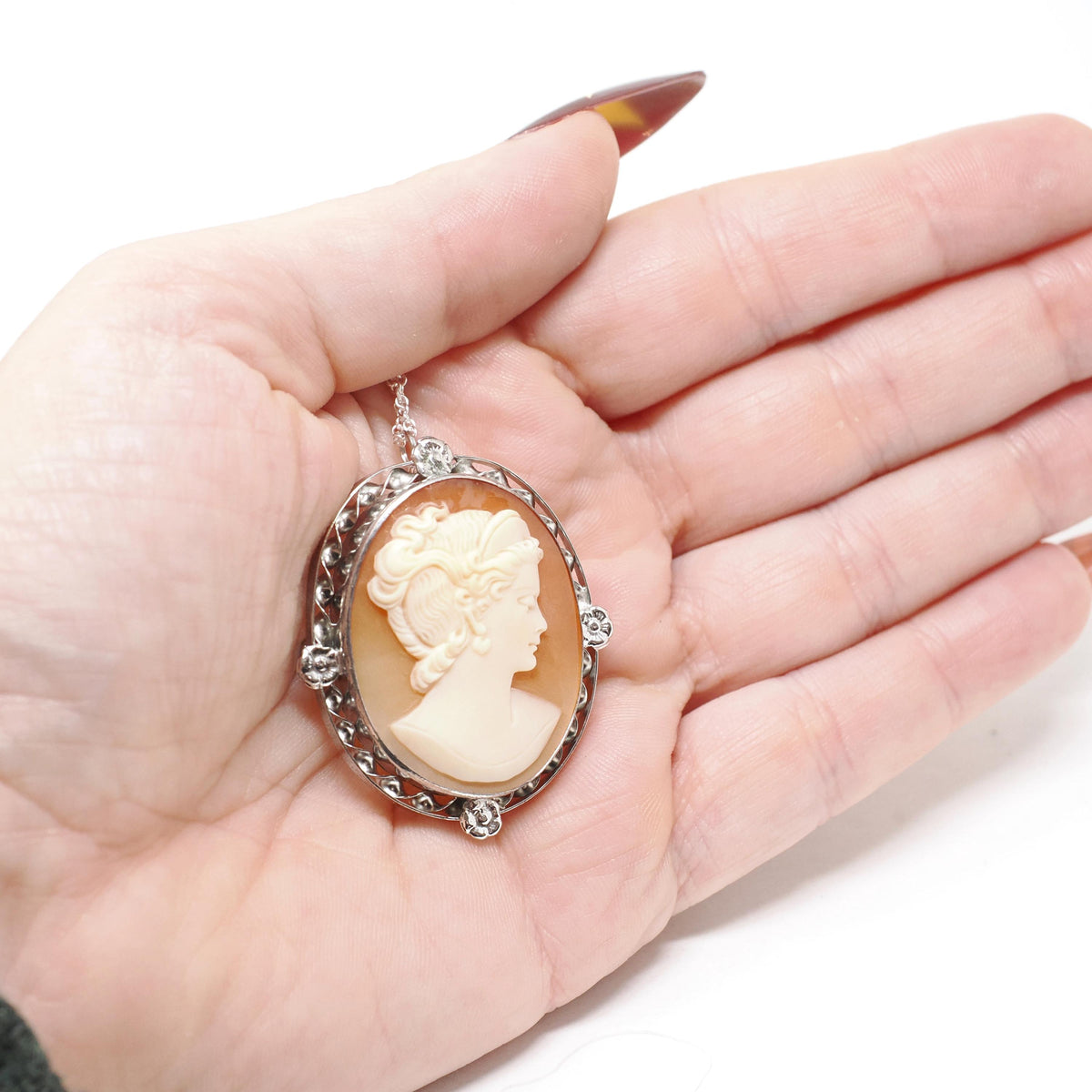 Cameo Brooch Necklace - Art Deco Sterling Silver Carved Shell Pendant Pin - Vintage Circa 1930s Era Statement Fashion Accessory 30s Jewelry