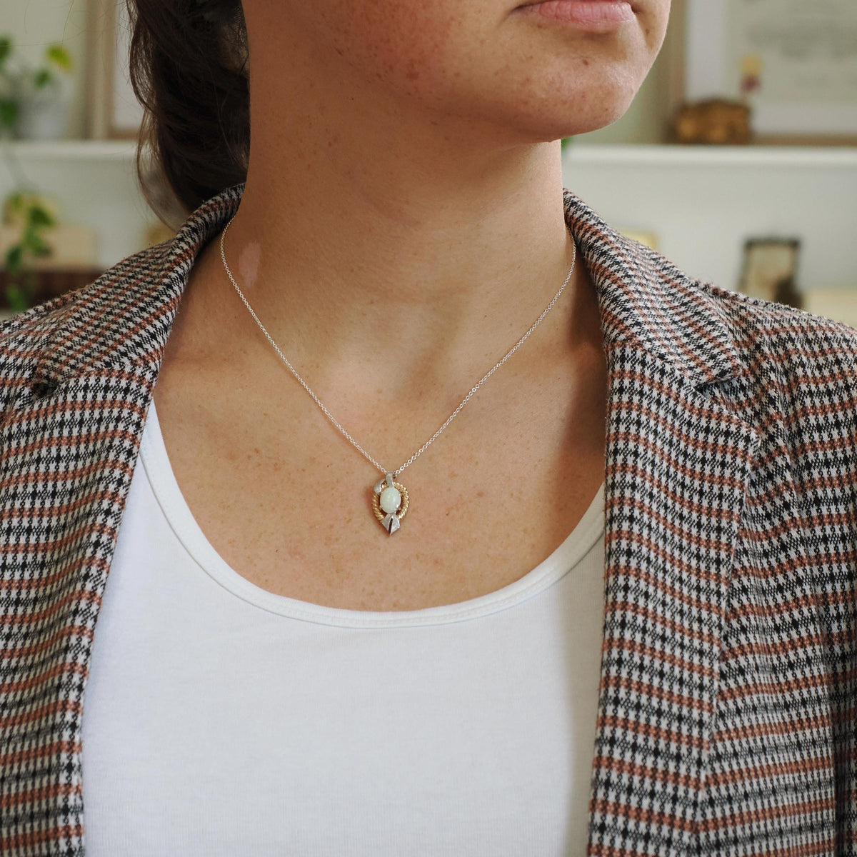 Vintage Opal Necklace - Modernist 14k Yellow And White Gold Cabochon Gemstone Pendant - Circa 1970s Era October Birthstone Fine Jewelry