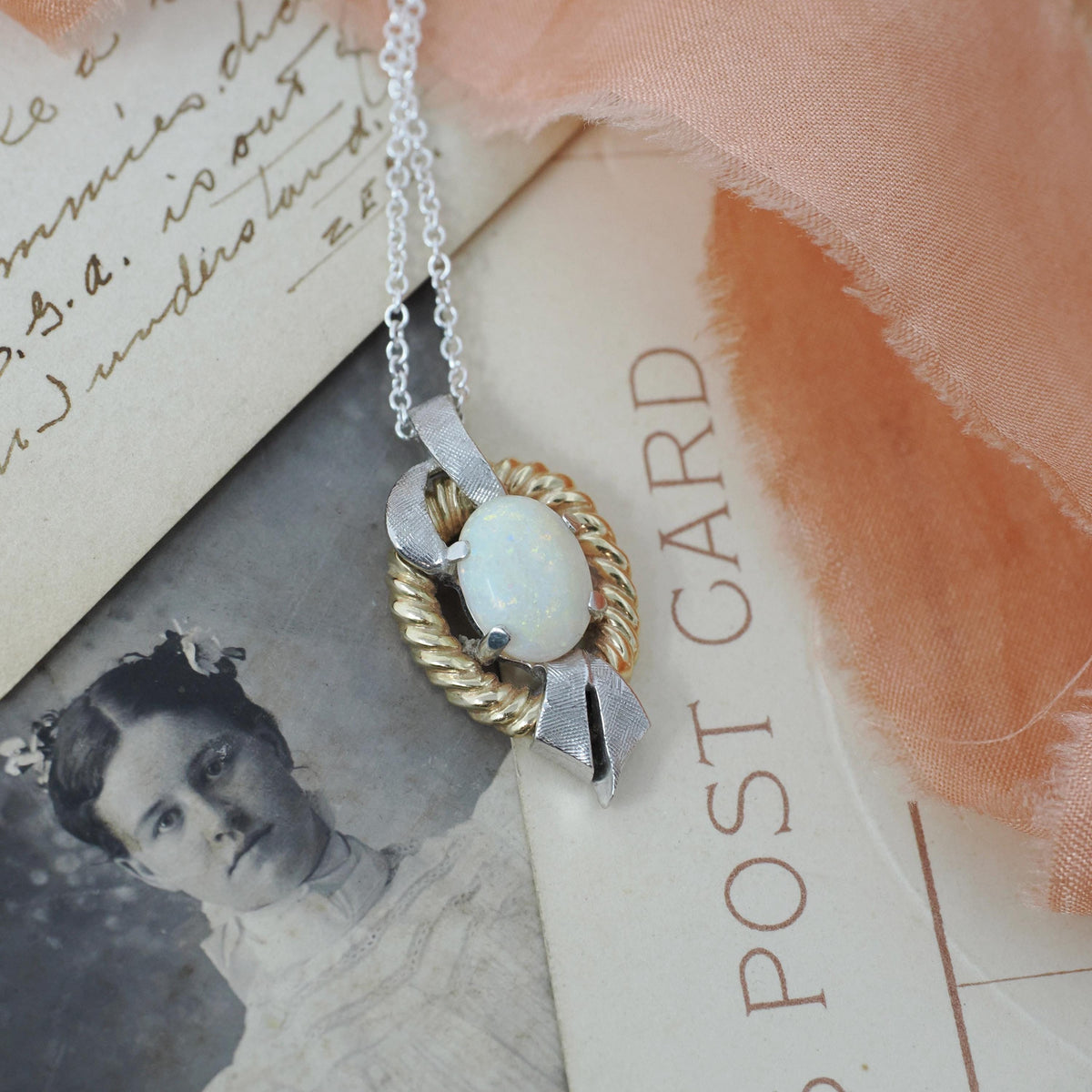 Vintage Opal Necklace - Modernist 14k Yellow And White Gold Cabochon Gemstone Pendant - Circa 1970s Era October Birthstone Fine Jewelry