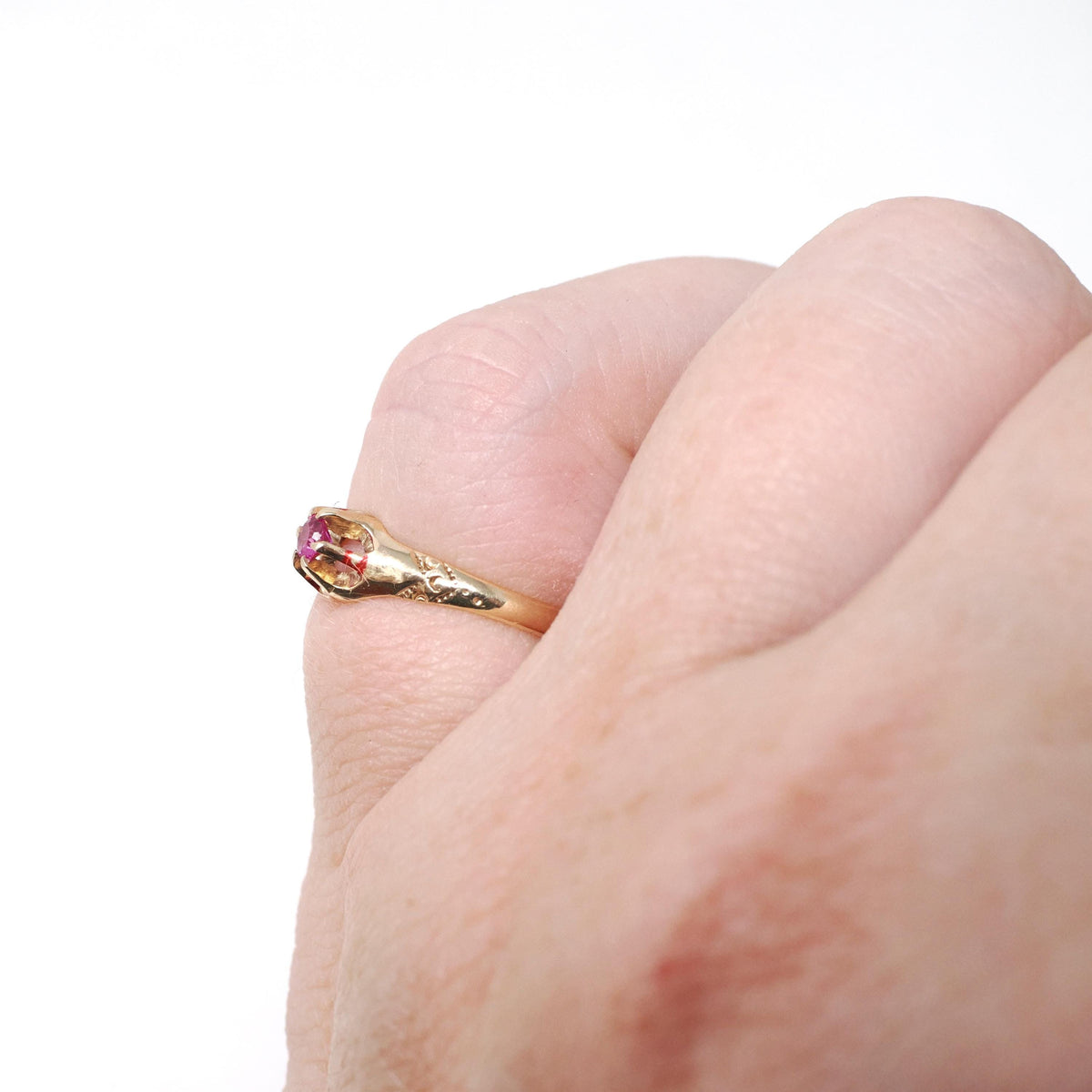 Antique Baby Ring - Edwardian 10k Yellow Gold Created Ruby Pinky Midi Band - Vintage Circa 1910s Size 3 Children's Fine Statement Jewelry