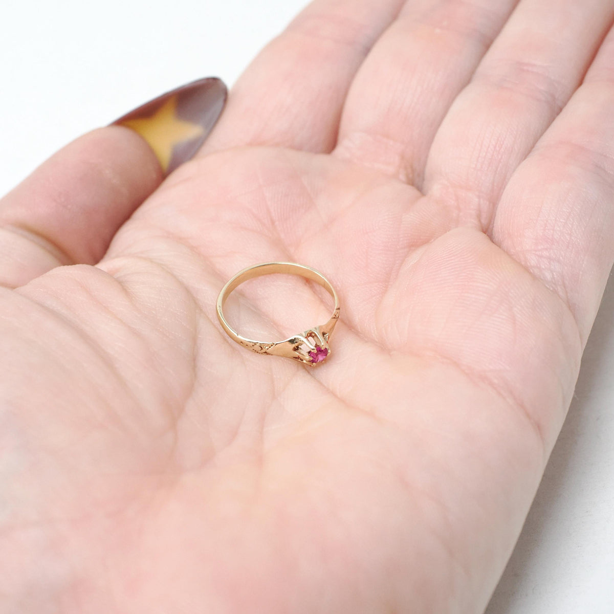 Antique Baby Ring - Edwardian 10k Yellow Gold Created Ruby Pinky Midi Band - Vintage Circa 1910s Size 3 Children's Fine Statement Jewelry