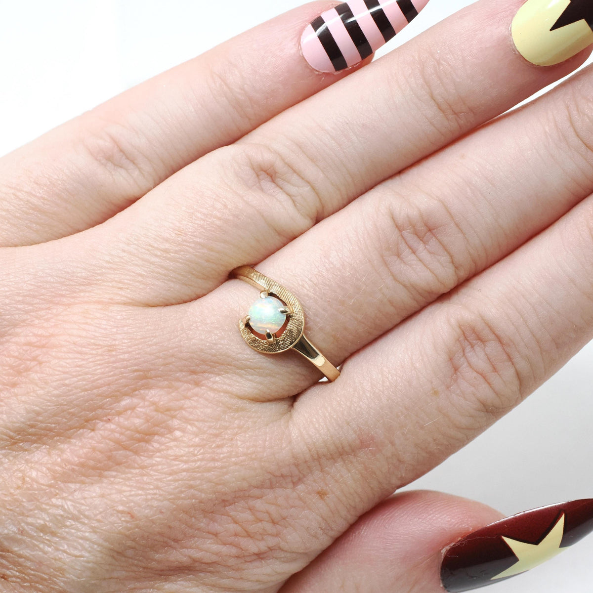 Vintage Opal Ring - Modernist 10k Yellow Gold Natural Gemstone Solitaire - Circa 1970s Size 6 3/4 Bypass October Birthstone Fine Jewelry