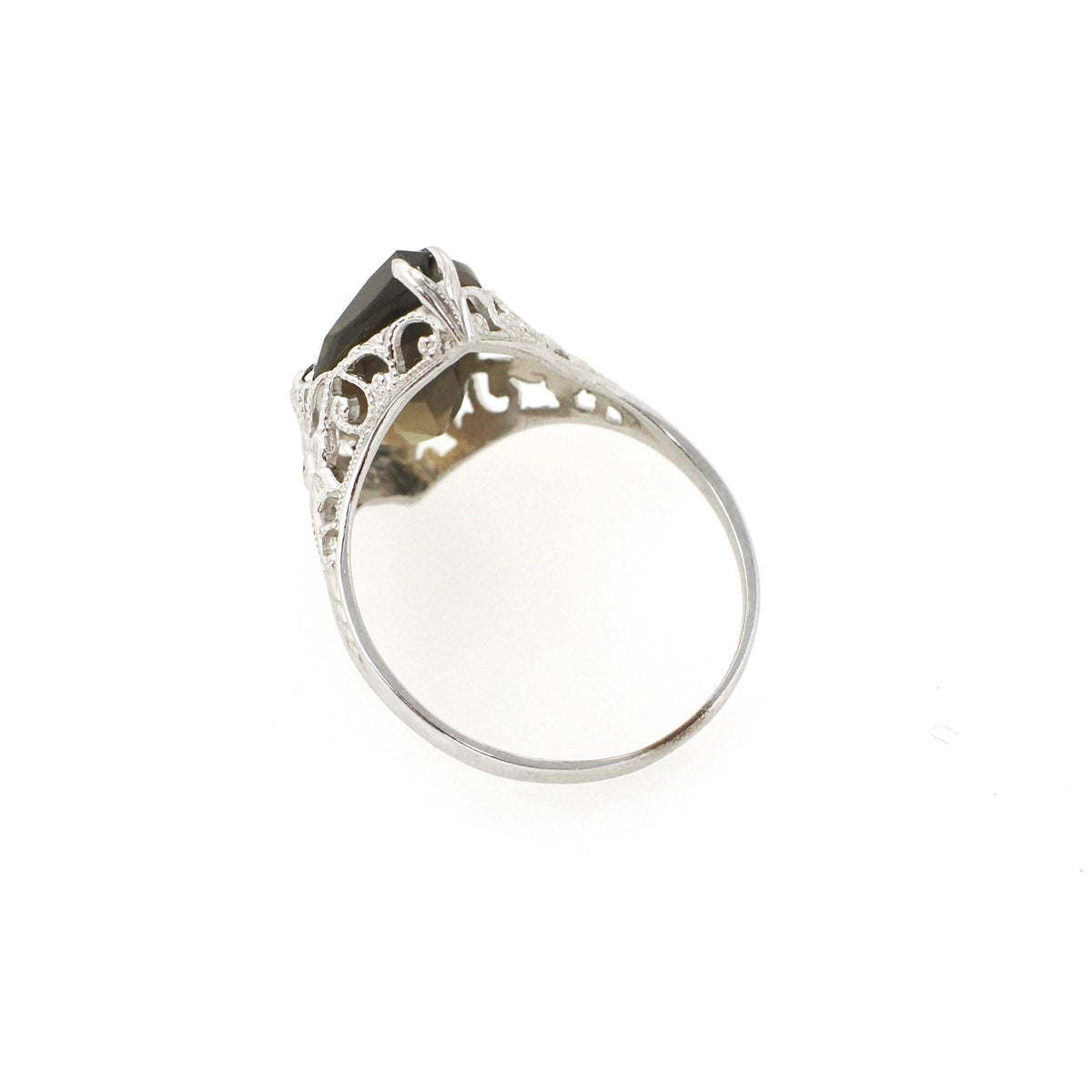 Smoky Quartz Ring - Art Deco 14k White Gold Natural Brown Marquise Gemstone Filigree Navette - Vintage 1930s Size 6 3/4 Fine Floral Jewelry