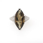 Smoky Quartz Ring - Art Deco 14k White Gold Natural Brown Marquise Gemstone Filigree Navette - Vintage 1930s Size 6 3/4 Fine Floral Jewelry