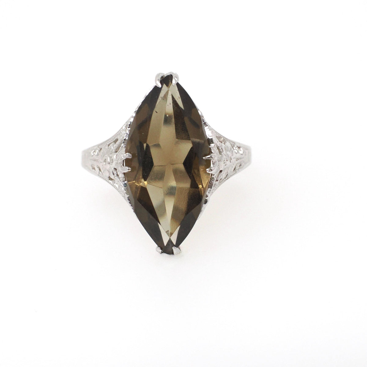 Smoky Quartz Ring - Art Deco 14k White Gold Natural Brown Marquise Gemstone Filigree Navette - Vintage 1930s Size 6 3/4 Fine Floral Jewelry