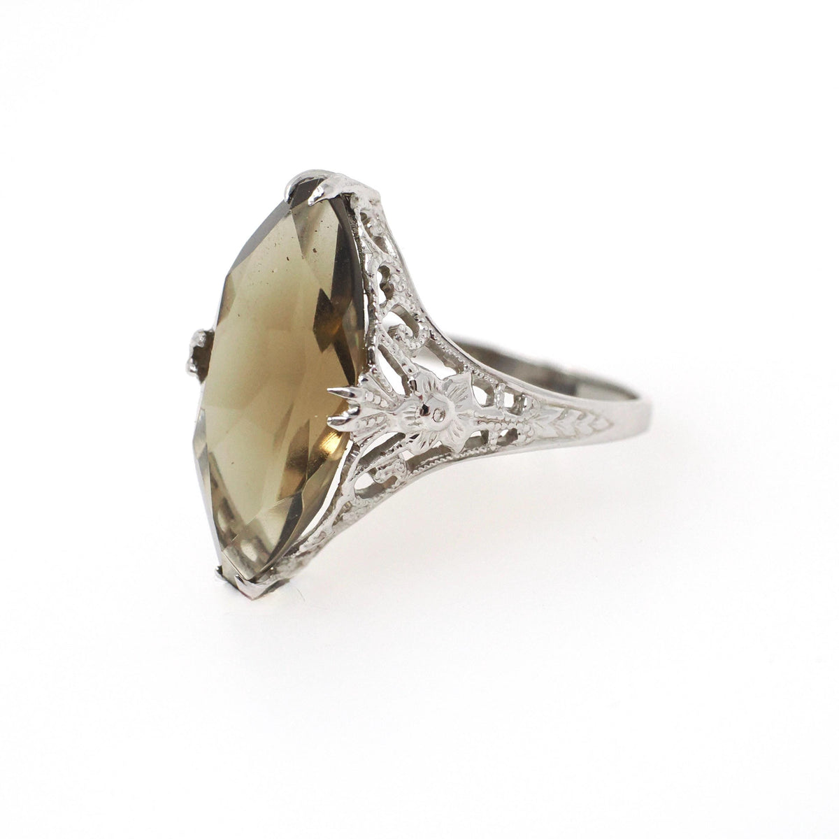 Smoky Quartz Ring - Art Deco 14k White Gold Natural Brown Marquise Gemstone Filigree Navette - Vintage 1930s Size 6 3/4 Fine Floral Jewelry
