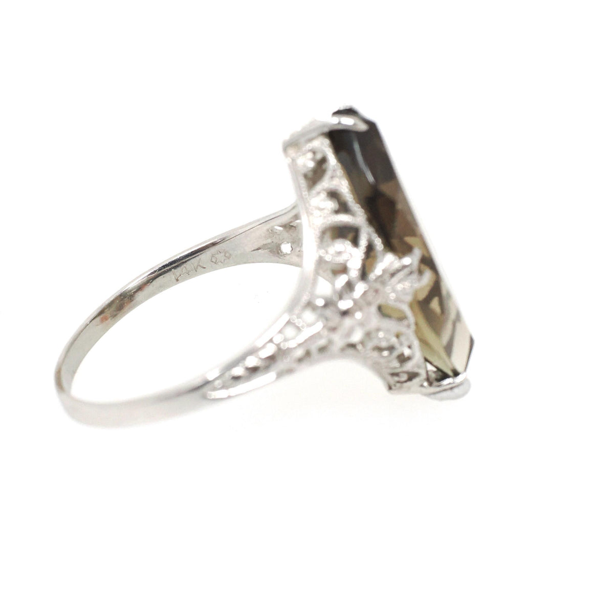 Smoky Quartz Ring - Art Deco 14k White Gold Natural Brown Marquise Gemstone Filigree Navette - Vintage 1930s Size 6 3/4 Fine Floral Jewelry