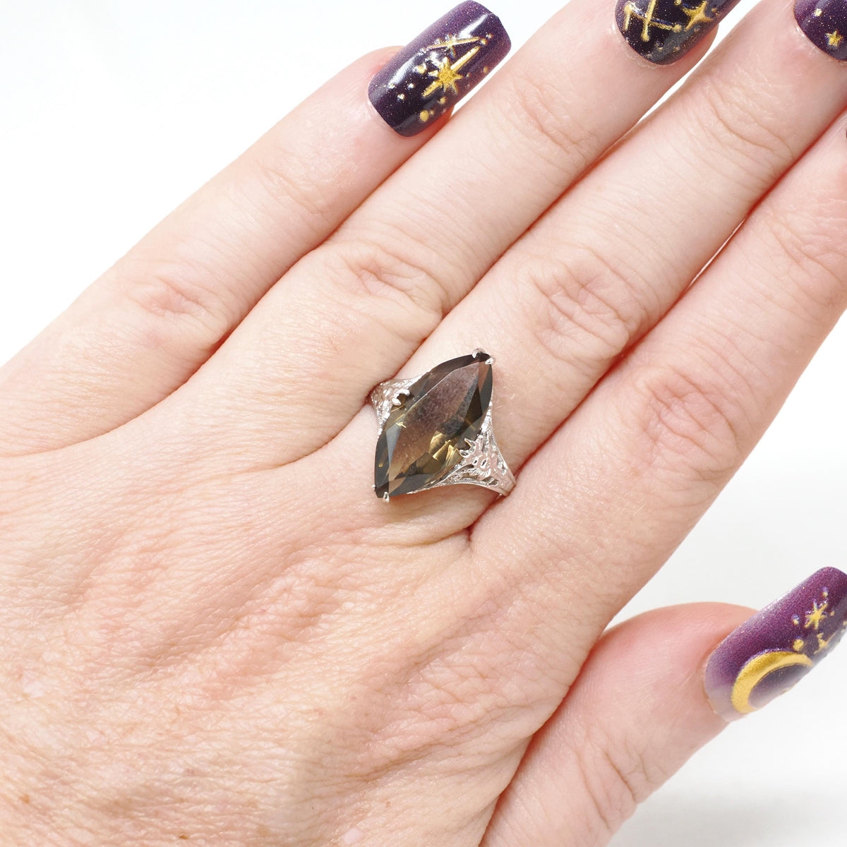 Smoky Quartz Ring - Art Deco 14k White Gold Natural Brown Marquise Gemstone Filigree Navette - Vintage 1930s Size 6 3/4 Fine Floral Jewelry