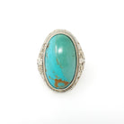 Vintage Turquoise Ring - Art Deco 14k White Gold Filigree Large Cabochon Cut Gemstone - Circa 1930s Era Size 5 1/2 Fine Statement Jewelry