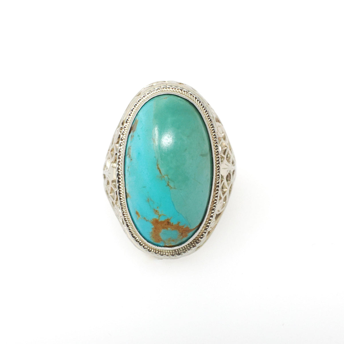 Vintage Turquoise Ring - Art Deco 14k White Gold Filigree Large Cabochon Cut Gemstone - Circa 1930s Era Size 5 1/2 Fine Statement Jewelry