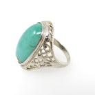 Vintage Turquoise Ring - Art Deco 14k White Gold Filigree Large Cabochon Cut Gemstone - Circa 1930s Era Size 5 1/2 Fine Statement Jewelry